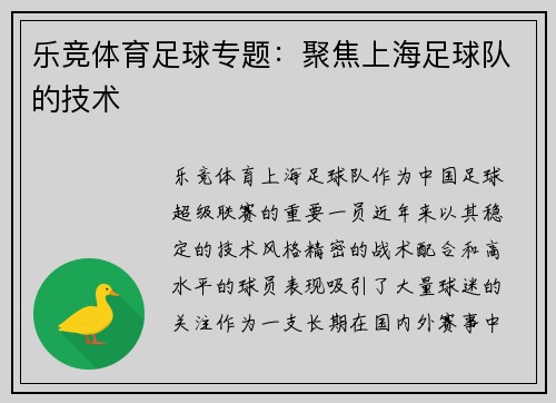 乐竞体育足球专题：聚焦上海足球队的技术